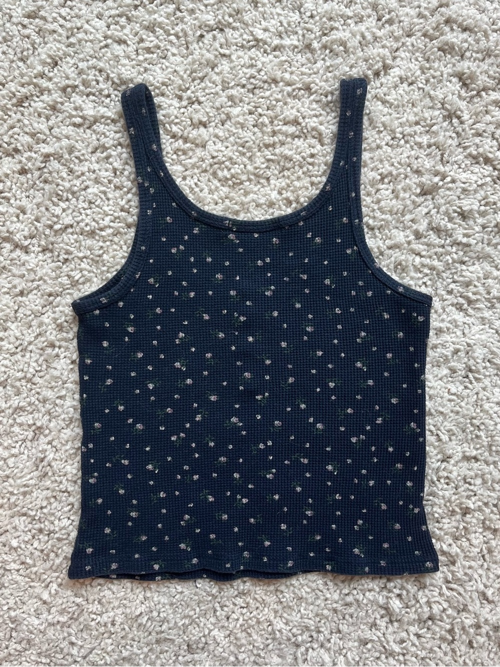 Brandy Melville Navy Tank Top with Cream Floral Pattern - Picture 3 of 7